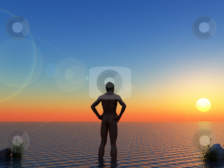 To use this stock image in your creative project, please select the size you need over to the right and click the "Add to Cart" button.
Your downloaded image will come with the Cutcaster watermark removed so don’t worry about the watermark you see on this page. Sun stock photo, Naked man stands in water in the sunset - 3d illustration by J?