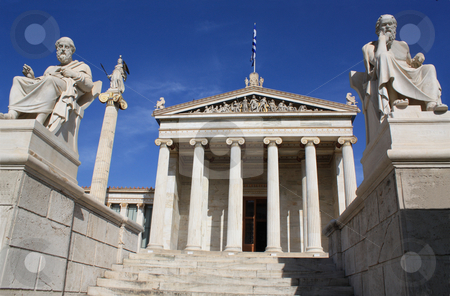To use this stock image in your creative project, please select the size you need over to the right and click the "Add to Cart" button.
Your downloaded image will come with the Cutcaster watermark removed so don’t worry about the watermark you see on this page. Academy of Athens, Greece stock photo, Neoclassical Academy of Athens in Greece showing main building and statues of ancient Greek philosophers Plato (left), Socrates (right) and goddess Pallas Athena (behind Plato). The Academy of Athens is the highest research establishment in the country and one of the major landmarks of the city. by Brigida Soriano