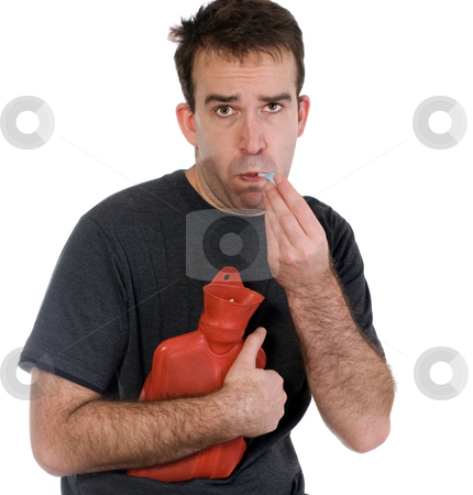 To use this stock image in your creative project, please select the size you need over to the right and click the "Add to Cart" button.
Your downloaded image will come with the Cutcaster watermark removed so don’t worry about the watermark you see on this page. Fever stock photo, A young man with a fever is using a digital thermometer to check his temperature and holding a hot water bottle to keep him warm, isolated against a white background by Richard Nelson