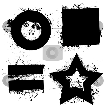 To use this stock image in your creative project, please select the size you need over to the right and click the "Add to Cart" button.
Your downloaded image will come with the Cutcaster watermark removed so don’t worry about the watermark you see on this page. Grunge shapes stock vector clipart, Black grunge ink splat shapes with star and circle by Michael Travers