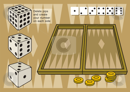 To use this stock image in your creative project, please select the size you need over to the right and click the "Add to Cart" button.
Your downloaded image will come with the Cutcaster watermark removed so don’t worry about the watermark you see on this page. Backgammon with dices stock vector clipart, A game of backgammon. Create your own numbers on dice by deleting pips on each side by fractal.gr