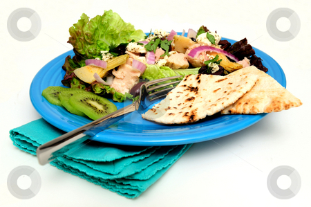 To use this stock image in your creative project, please select the size you need over to the right and click the "Add to Cart" button.
Your downloaded image will come with the Cutcaster watermark removed so don’t worry about the watermark you see on this page. Tuna Salad With Pita Bread stock photo, Tuna salad on a bed of Red Leaf Lettuce with Artichoke hearts, Kalamata olives, red onions and Feta Cheese, Kiwi slices and pita bread served on a turquoise colored plate by Lynn Bendickson