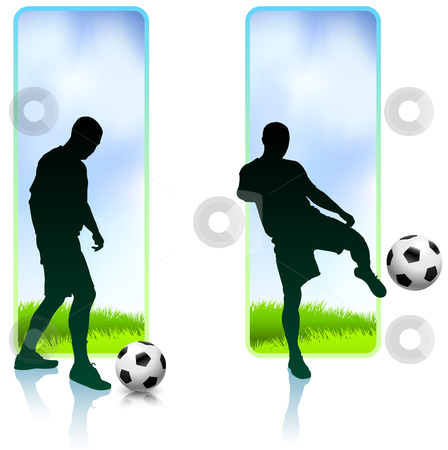 To use this stock image in your creative project, please select the size you need over to the right and click the "Add to Cart" button.
Your downloaded image will come with the Cutcaster watermark removed so don’t worry about the watermark you see on this page. Soccer Player with Nature Banners stock vector clipart, Soccer Player with Nature Banners Original Vector Illustration by L Belomlinsky
