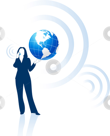 To use this stock image in your creative project, please select the size you need over to the right and click the "Add to Cart" button.
Your downloaded image will come with the Cutcaster watermark removed so don’t worry about the watermark you see on this page. Businesswoman global communication stock vector clipart, Businesswoman global communication Original Vector Illustration Globes and Maps Ideal for Business Concepts by L Belomlinsky