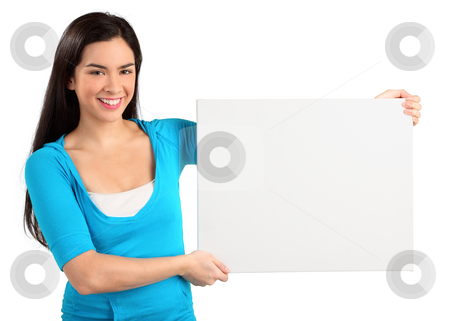 To use this stock image in your creative project, please select the size you need over to the right and click the "Add to Cart" button.
Your downloaded image will come with the Cutcaster watermark removed so don’t worry about the watermark you see on this page. Young Woman Holding a Blank White Sign stock photo, A beautiful young woman is holding and showing a blank white sign. by Denis Pepin