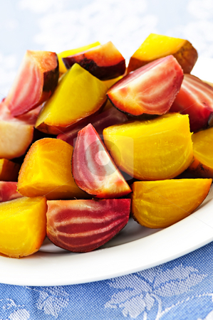 To use this stock image in your creative project, please select the size you need over to the right and click the "Add to Cart" button.
Your downloaded image will come with the Cutcaster watermark removed so don’t worry about the watermark you see on this page. Roasted red and golden beets stock photo, Closeup of roasted sliced red and golden beets on a plate by Elena Elisseeva