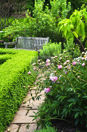 To use this stock image in your creative project, please select the size you need over to the right and click the "Add to Cart" button.
Your downloaded image will come with the Cutcaster watermark removed so don’t worry about the watermark you see on this page. Lush green garden stock photo, Lush green garden with stone landscaping, flowers, hedge and bench by Elena Elisseeva