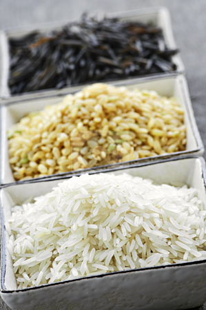 To use this stock image in your creative project, please select the size you need over to the right and click the "Add to Cart" button.
Your downloaded image will come with the Cutcaster watermark removed so don’t worry about the watermark you see on this page. Three bowls of rice stock photo, Three bowls of white, brown and wild black uncooked rice by Elena Elisseeva