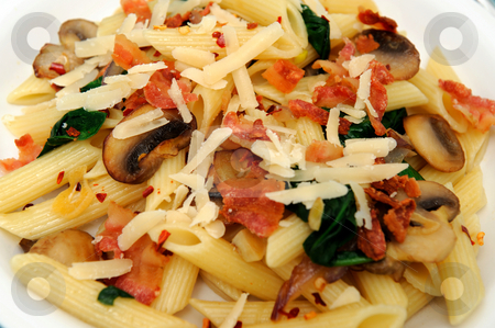 To use this stock image in your creative project, please select the size you need over to the right and click the "Add to Cart" button.
Your downloaded image will come with the Cutcaster watermark removed so don’t worry about the watermark you see on this page. Penne Pasta And Saut?ed Spinach stock photo, Penne pasta with saut?ed mushrooms garlic and Spinach with crumbled bacon and grated parmesan cheese severed on a turquoise and white plate combination. by Lynn Bendickson