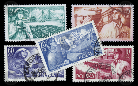 To use this stock image in your creative project, please select the size you need over to the right and click the "Add to Cart" button.
Your downloaded image will come with the Cutcaster watermark removed so don’t worry about the watermark you see on this page. Sea related professions on vintage stamps stock photo, POLAND, circa 1960 - sea related professions (sailor, fisherman, shipyard worker, captain, docker) on a set of vintage post stamps by Marek Uliasz