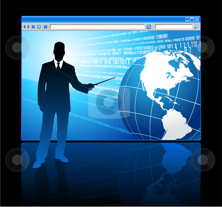 To use this stock image in your creative project, please select the size you need over to the right and click the "Add to Cart" button.
Your downloaded image will come with the Cutcaster watermark removed so don’t worry about the watermark you see on this page. Businessman presenting Internet Browser with Globe stock vector clipart, Businessman presenting Internet Browser with Globe Original Vector Illustration Businessmen Concept by L Belomlinsky