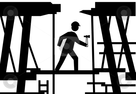 To use this stock image in your creative project, please select the size you need over to the right and click the "Add to Cart" button.
Your downloaded image will come with the Cutcaster watermark removed so don’t worry about the watermark you see on this page. Worker on building site stock photo, Silhouetted on workman with hammer on building site scaffolding. by Martin Crowdy