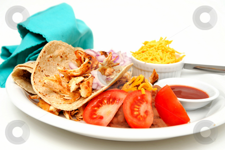 To use this stock image in your creative project, please select the size you need over to the right and click the "Add to Cart" button.
Your downloaded image will come with the Cutcaster watermark removed so don’t worry about the watermark you see on this page. Chicken Taco stock photo, Shredded grilled spiced chicken on a white plate with fresh tortilla's, refried beans with sides of red onion, cheddar cheese and hot sauce. by Lynn Bendickson