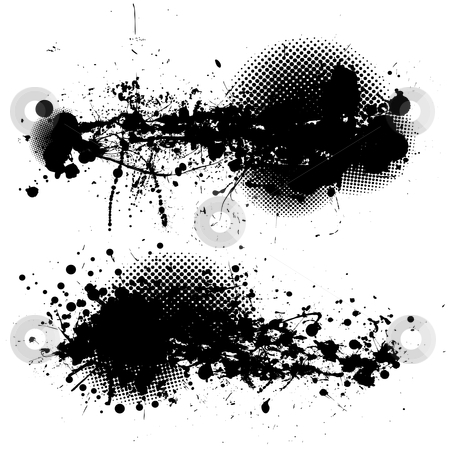 To use this stock image in your creative project, please select the size you need over to the right and click the "Add to Cart" button.
Your downloaded image will come with the Cutcaster watermark removed so don’t worry about the watermark you see on this page. Grunge ink splat pair stock vector clipart, Two black ink splats with halftone dots and white background by Michael Travers