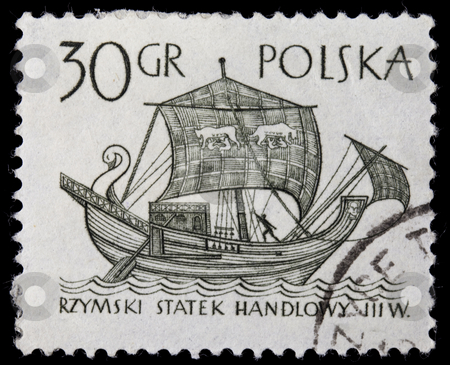 To use this stock image in your creative project, please select the size you need over to the right and click the "Add to Cart" button.
Your downloaded image will come with the Cutcaster watermark removed so don’t worry about the watermark you see on this page. Ancient Roman trade ship stock photo, POLAND, circa 1960 - ancient Roman merchant sail ship on a vintage canceled post stamp, black drawing on white by Marek Uliasz