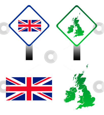 To use this stock image in your creative project, please select the size you need over to the right and click the "Add to Cart" button.
Your downloaded image will come with the Cutcaster watermark removed so don’t worry about the watermark you see on this page. Union Jack flag signs stock photo, Set of four signs and maps of United Kingdom, isolated on white background. by Martin Crowdy