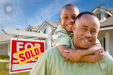 To use this stock image in your creative project, please select the size you need over to the right and click the "Add to Cart" button.
Your downloaded image will come with the Cutcaster watermark removed so don’t worry about the watermark you see on this page. Father with Son In Front of Real Estate Sign and Home stock photo, Happy African American Father and Son in Front of New Home and Sold Real Estate Sign. by Andy Dean