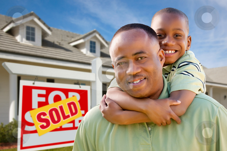 To use this stock image in your creative project, please select the size you need over to the right and click the "Add to Cart" button.
Your downloaded image will come with the Cutcaster watermark removed so don’t worry about the watermark you see on this page. Father with Son In Front of Real Estate Sign and Home stock photo, Happy African American Father and Son in Front of New Home and Sold Real Estate Sign. by Andy Dean