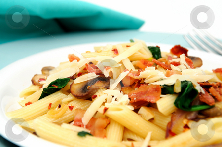 To use this stock image in your creative project, please select the size you need over to the right and click the "Add to Cart" button.
Your downloaded image will come with the Cutcaster watermark removed so don’t worry about the watermark you see on this page. Penne Pasta Closeup stock photo, Penne pasta with sauteed mushrooms garlic and Spinach with crumbled bacon and grated parmesan cheese severed on a turquoise and white plate combination. by Lynn Bendickson