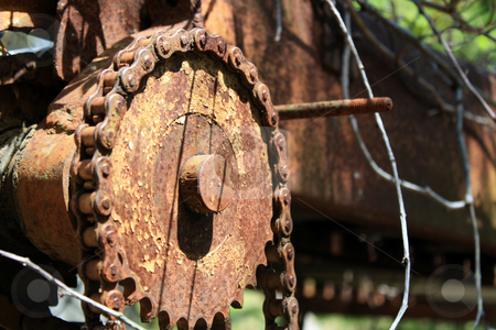 To use this stock image in your creative project, please select the size you need over to the right and click the "Add to Cart" button.
Your downloaded image will come with the Cutcaster watermark removed so don’t worry about the watermark you see on this page. Old Farm Sorting stock photo, Close-up of an old, rusted gear and chain outdoors by Carl Stewart