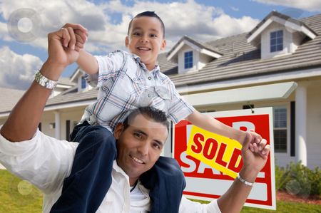 To use this stock image in your creative project, please select the size you need over to the right and click the "Add to Cart" button.
Your downloaded image will come with the Cutcaster watermark removed so don’t worry about the watermark you see on this page. Hispanic Father and Son with Sold Real Estate Sign stock photo, Excited Hispanic Father and Son with Sold For Sale Real Estate Sign in Front of House. by Andy Dean