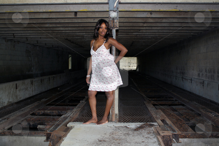 To use this stock image in your creative project, please select the size you need over to the right and click the "Add to Cart" button.
Your downloaded image will come with the Cutcaster watermark removed so don’t worry about the watermark you see on this page. Beautifuy Black Woman at Abandoned Warehouse (24) stock photo, A lovely young black woman stands in front of a rail at a long-abandoned warehouse and loading facility. by Carl Stewart