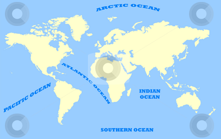 To use this stock image in your creative project, please select the size you need over to the right and click the "Add to Cart" button.
Your downloaded image will come with the Cutcaster watermark removed so don’t worry about the watermark you see on this page. Map of World and oceans stock photo, Map of World isolated on a blue background with oceans and sea marked. by Martin Crowdy