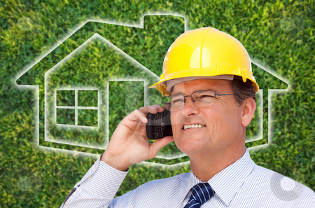 To use this stock image in your creative project, please select the size you need over to the right and click the "Add to Cart" button.
Your downloaded image will come with the Cutcaster watermark removed so don’t worry about the watermark you see on this page. Contractor in Hardhat on Cell Phone Over House Icon and Grass stock photo, Contractor in Hardhat on His Cell Phone Over House Icon and Blurry Grass. by Andy Dean
