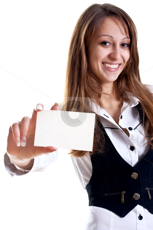 To use this stock image in your creative project, please select the size you need over to the right and click the "Add to Cart" button.
Your downloaded image will come with the Cutcaster watermark removed so don’t worry about the watermark you see on this page. Young business woman with business card stock photo, Young business woman with business card on a white background by Artem Zamula