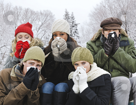 To use this stock image in your creative project, please select the size you need over to the right and click the "Add to Cart" button.
Your downloaded image will come with the Cutcaster watermark removed so don’t worry about the watermark you see on this page. Group of friends with colds outside in winter stock photo, Group of diverse young friends blowing noses outdoors in winter by Elena Elisseeva