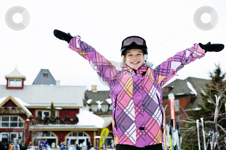 To use this stock image in your creative project, please select the size you need over to the right and click the "Add to Cart" button.
Your downloaded image will come with the Cutcaster watermark removed so don’t worry about the watermark you see on this page. Happy girl with arms raised at resort stock photo, Happy teenage girl with arms raised in ski helmet at winter resort by Elena Elisseeva