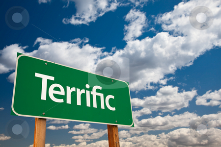 To use this stock image in your creative project, please select the size you need over to the right and click the "Add to Cart" button.
Your downloaded image will come with the Cutcaster watermark removed so don’t worry about the watermark you see on this page. Terrific Green Road Sign with Sky stock photo, Terrific Green Road Sign with Dramatic Clouds and Sky - The Kudos Sign Series. by Andy Dean