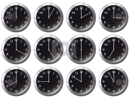 To use this stock image in your creative project, please select the size you need over to the right and click the "Add to Cart" button.
Your downloaded image will come with the Cutcaster watermark removed so don’t worry about the watermark you see on this page. Office clock black all times stock vector clipart, Black office wall clock showing each hour of the day with silver frame by Michael Travers