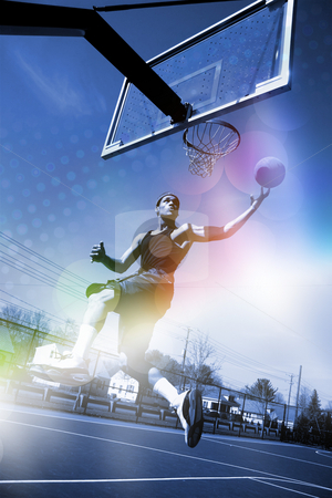 To use this stock image in your creative project, please select the size you need over to the right and click the "Add to Cart" button.
Your downloaded image will come with the Cutcaster watermark removed so don’t worry about the watermark you see on this page. Basketball Slam Dunk stock photo, A basketball player drives to the hoop for a slam dunk with abstract rainbow lens flare and halftone effects. by Todd Arena