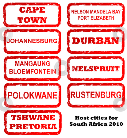 To use this stock image in your creative project, please select the size you need over to the right and click the "Add to Cart" button.
Your downloaded image will come with the Cutcaster watermark removed so don’t worry about the watermark you see on this page. South Africa host city stamps stock photo, Stamps of all host cities and areas for 2010 football or soccer in South African, isolated on white background. by Martin Crowdy