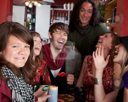 To use this stock image in your creative project, please select the size you need over to the right and click the "Add to Cart" button.
Your downloaded image will come with the Cutcaster watermark removed so don’t worry about the watermark you see on this page. Embarassed woman stock photo, Embarassed woman at a table with laughing friends by Scott Griessel