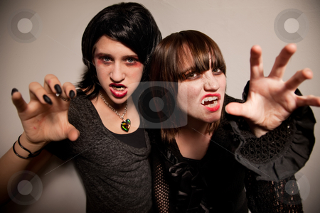 To use this stock image in your creative project, please select the size you need over to the right and click the "Add to Cart" button.
Your downloaded image will come with the Cutcaster watermark removed so don’t worry about the watermark you see on this page. Young Vampire Girls stock photo, Two young vampire girls with sharp fangs reaching towards the camera by Scott Griessel