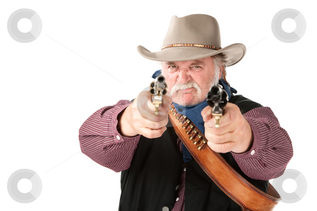 To use this stock image in your creative project, please select the size you need over to the right and click the "Add to Cart" button.
Your downloaded image will come with the Cutcaster watermark removed so don’t worry about the watermark you see on this page. Big tough cowboy stock photo, Big tough cowboy with leather holster pointing two pistols by Scott Griessel