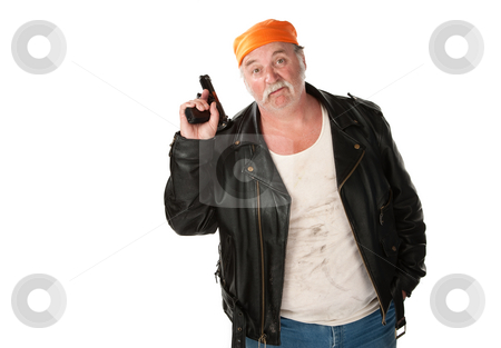 To use this stock image in your creative project, please select the size you need over to the right and click the "Add to Cart" button.
Your downloaded image will come with the Cutcaster watermark removed so don’t worry about the watermark you see on this page. Carefree thug stock photo, Carefree thug holding a gun pointed in the air by Scott Griessel