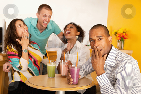 To use this stock image in your creative project, please select the size you need over to the right and click the "Add to Cart" button.
Your downloaded image will come with the Cutcaster watermark removed so don’t worry about the watermark you see on this page. Two Couples Dining Out stock photo, Two couples at a cafe drinking frozen beverages. Horizontal shot. by Scott Griessel