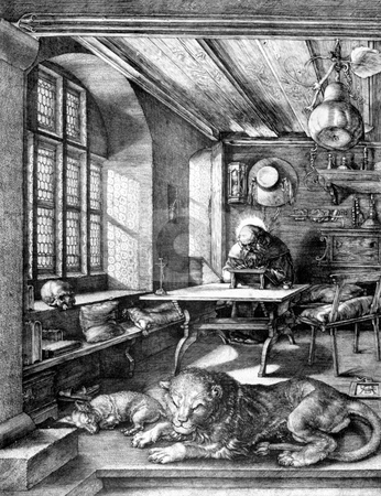 To use this stock image in your creative project, please select the size you need over to the right and click the "Add to Cart" button.
Your downloaded image will come with the Cutcaster watermark removed so don’t worry about the watermark you see on this page. St. Jerome in his study stock photo, Famous engraving of St Jerome in his study by German artist Albrect D?rer. Published in 1514 as original artwork, public domain image by virtue of age. by Martin Crowdy