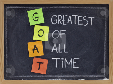 To use this stock image in your creative project, please select the size you need over to the right and click the "Add to Cart" button.
Your downloaded image will come with the Cutcaster watermark removed so don’t worry about the watermark you see on this page. Greatest of all time - GOAT acronym stock photo, GOAT acronym (greatest of all time ) - sticky notes and white chalk handwriting on blackboard by Marek Uliasz