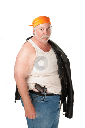 To use this stock image in your creative project, please select the size you need over to the right and click the "Add to Cart" button.
Your downloaded image will come with the Cutcaster watermark removed so don’t worry about the watermark you see on this page. Fat hoodlum with pistol and orange bandana stock photo, Fat hoodlum with pistol and orange bandana by Scott Griessel