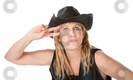 To use this stock image in your creative project, please select the size you need over to the right and click the "Add to Cart" button.
Your downloaded image will come with the Cutcaster watermark removed so don’t worry about the watermark you see on this page. Western woman stock photo, Tough mature woman with black cowboy hat by Scott Griessel