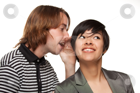 To use this stock image in your creative project, please select the size you need over to the right and click the "Add to Cart" button.
Your downloaded image will come with the Cutcaster watermark removed so don’t worry about the watermark you see on this page. Attractive Diverse Couple Whispering Secrets stock photo, Attractive Diverse Couple Whispering Secrets Isolated on a White Background. by Andy Dean