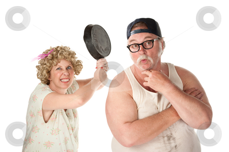 To use this stock image in your creative project, please select the size you need over to the right and click the "Add to Cart" button.
Your downloaded image will come with the Cutcaster watermark removed so don’t worry about the watermark you see on this page. Wife readies to strike her clueless husband's head with a pan stock photo, Wife readies a pan to her clueless husband's head by Scott Griessel