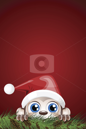 To use this stock image in your creative project, please select the size you need over to the right and click the "Add to Cart" button.
Your downloaded image will come with the Cutcaster watermark removed so don’t worry about the watermark you see on this page. Cute Character Christmas Background stock vector clipart, Vector illustration of a character hiding behind pine branches with cones on a red gradient background. by Karima Lakhdar