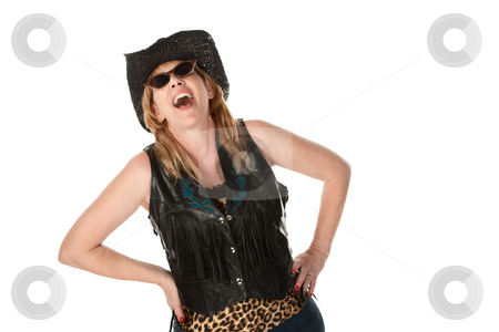 To use this stock image in your creative project, please select the size you need over to the right and click the "Add to Cart" button.
Your downloaded image will come with the Cutcaster watermark removed so don’t worry about the watermark you see on this page. Laughing cowgirl stock photo, Laughing cowgirl with hat and hands on hips on white background by Scott Griessel
