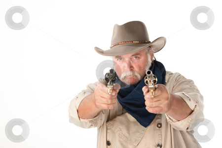 To use this stock image in your creative project, please select the size you need over to the right and click the "Add to Cart" button.
Your downloaded image will come with the Cutcaster watermark removed so don’t worry about the watermark you see on this page. Big cowboy pointing two pistols on white background stock photo, Big cowboy pointing pistols on white background by Scott Griessel