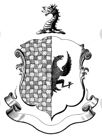 To use this stock image in your creative project, please select the size you need over to the right and click the "Add to Cart" button.
Your downloaded image will come with the Cutcaster watermark removed so don’t worry about the watermark you see on this page. Heraldic coat of arms stock photo, Engraving of dragon design on heraldic crest or coat of arms with copy space on banner. Published by Nicholas Caussin in 1663 book,